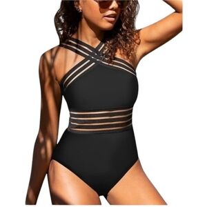 Hilor Front Crossover One Piece Black Hollow Swimsuit